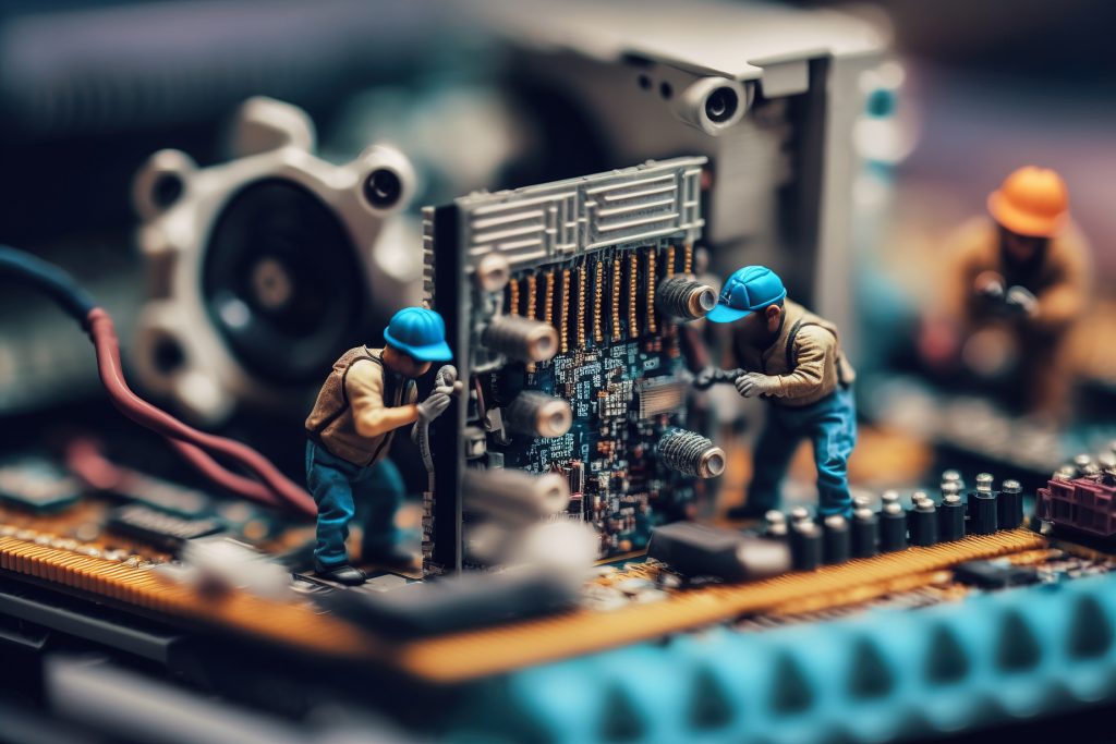 Gruppe von Arbeiterfiguren bei Wartungsarbeiten an einem Computer-Motherboard